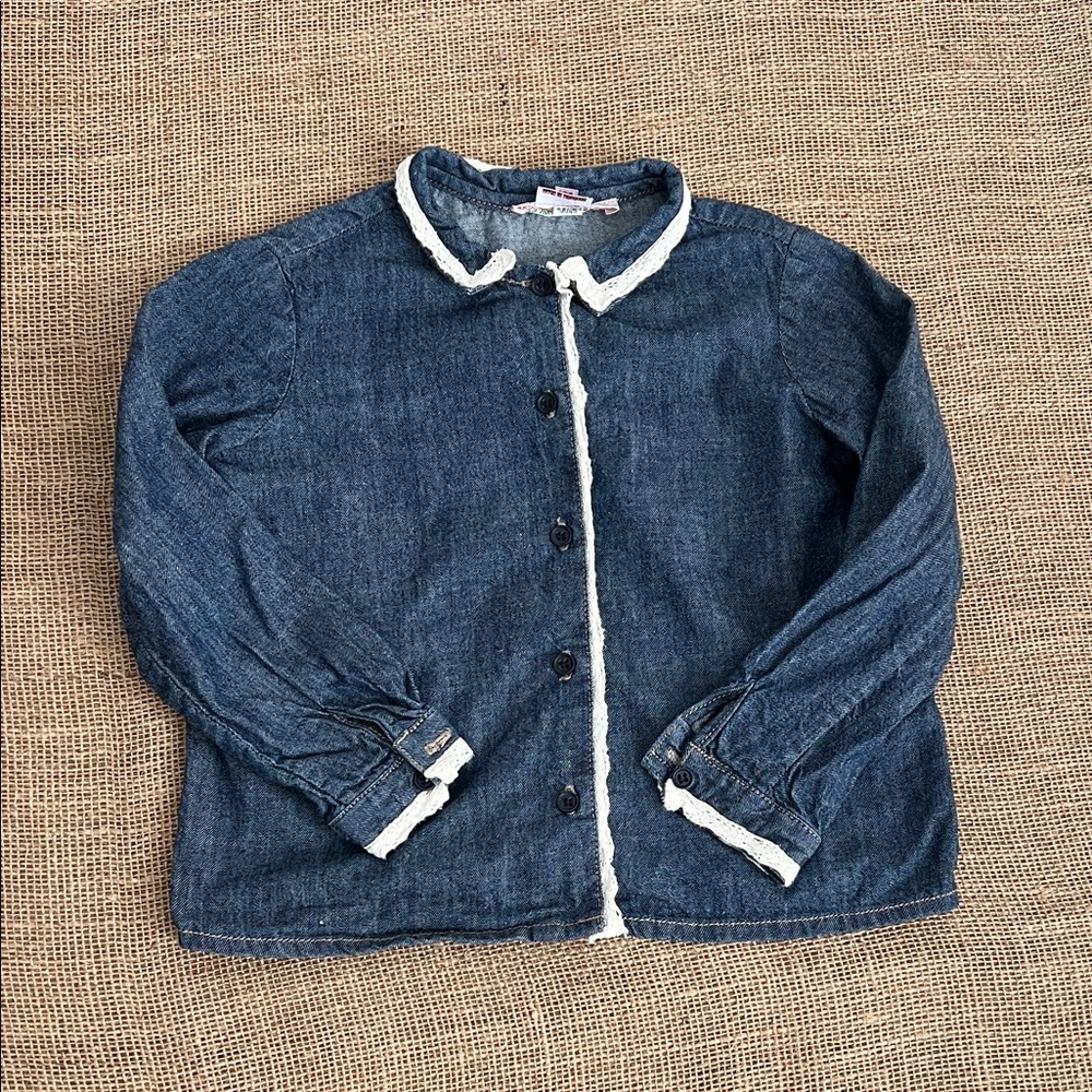 Bonpoint Denim Shirt with White Lace Trim